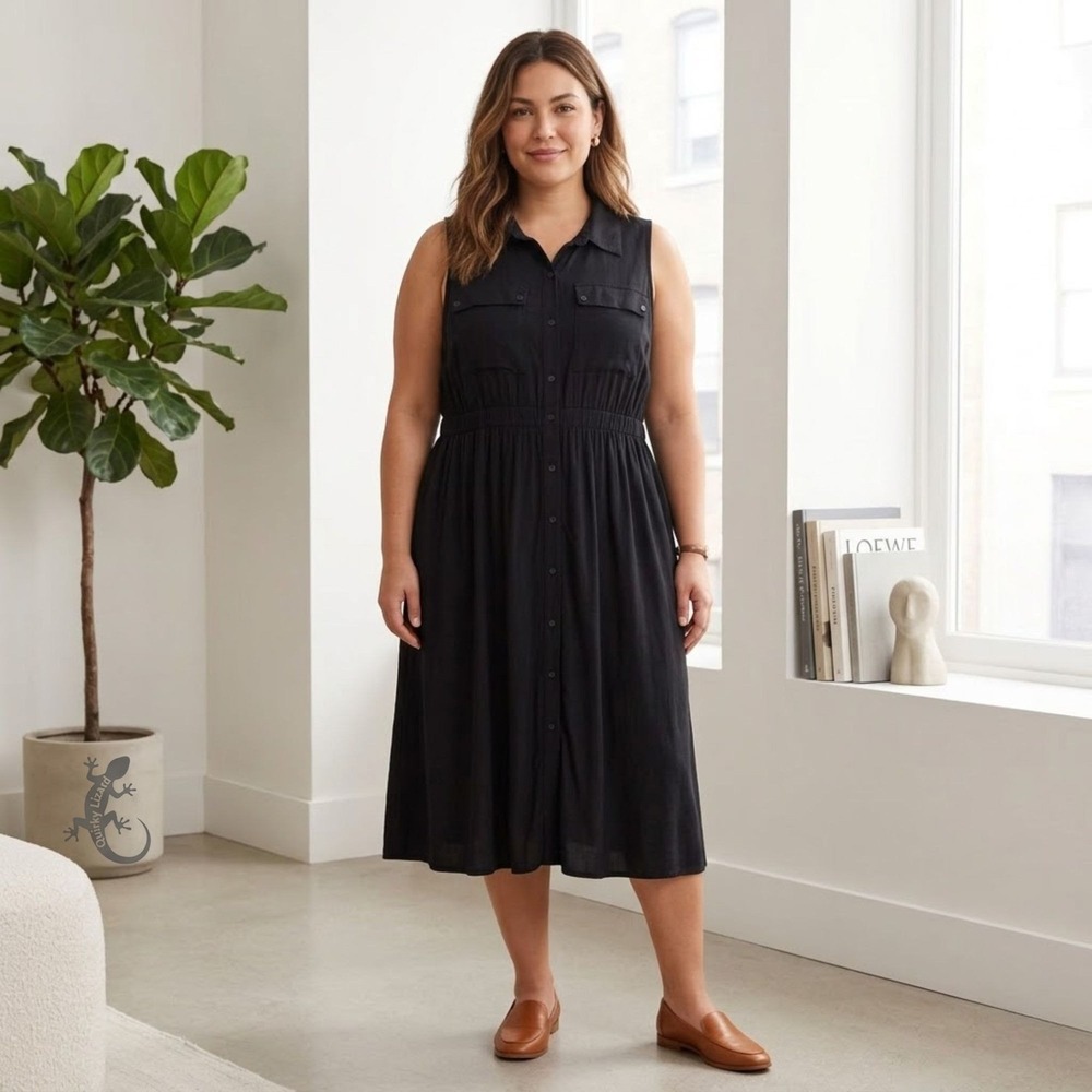 Ava & Viv Shirt Dress 1X Black Sleeveless Button Front Elastic Waist Midi Pocket
